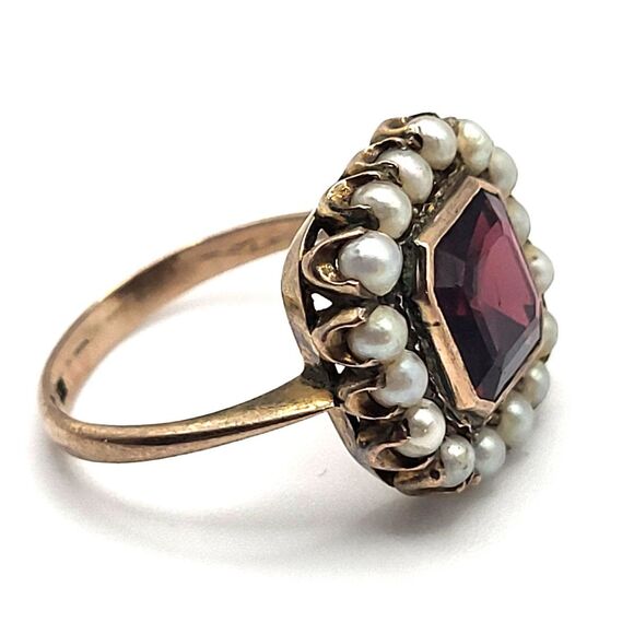 Antique 9K Garnet and Seed Pearl Ring 1900s Size 7.5 - Picture 1 of 6